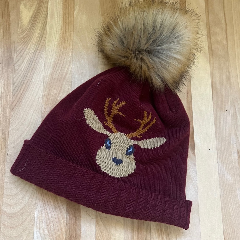 Stio Maroon Kids Hat with Deer and Pom-Pom